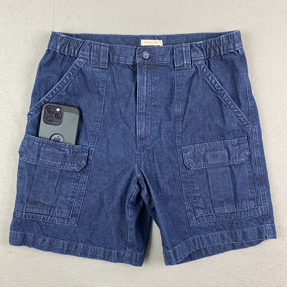 Savane mens Denim Cargo Shorts 34 jean Golf Fishing tech pocket 100% cotton blue